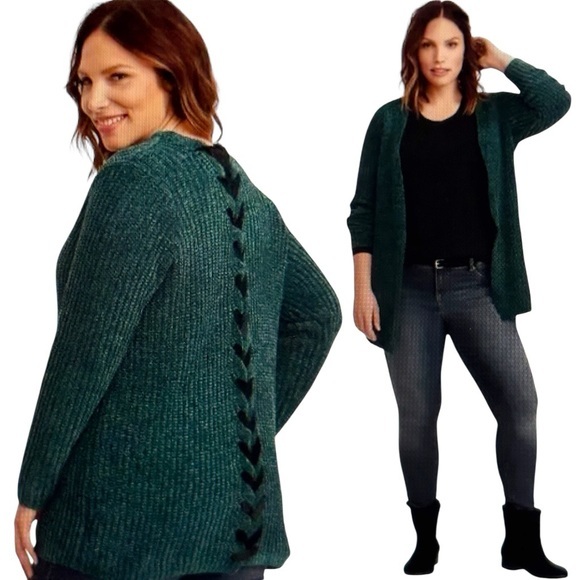 Torrid Teal Open Front Cardigan Sweater Chenille Knit Lace Up Back Plus Size 3X - Picture 1 of 16